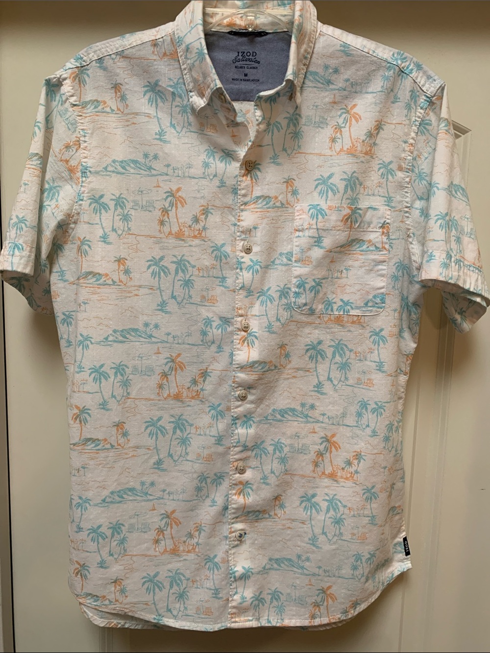 Izod Men’s Short Sleeve Palm-Print Button-Down Shirt - White, Teal & Orange